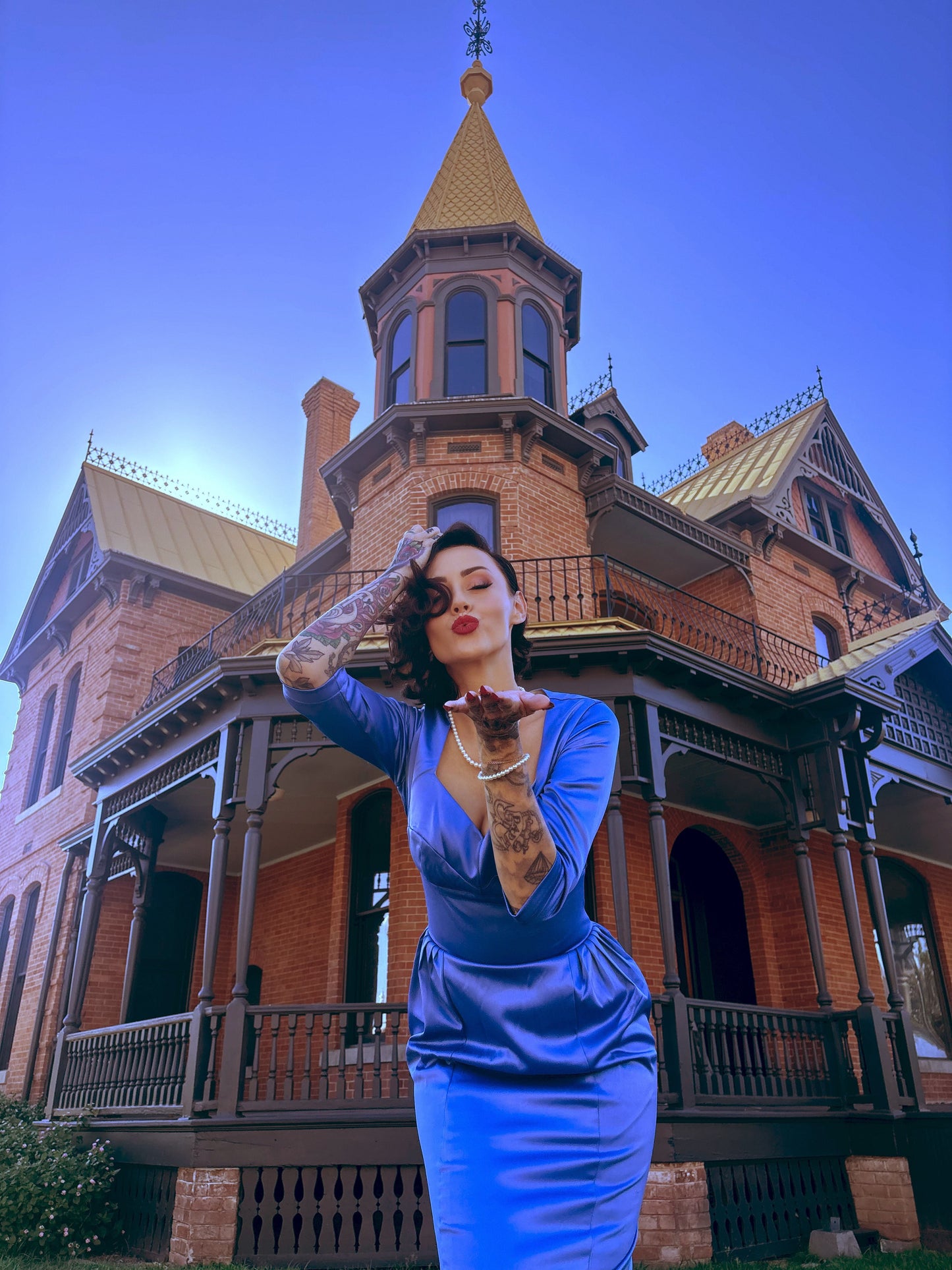 Mona Vintage Vamp Wiggle Dress in Sky Blue Satin | Pinup Couture