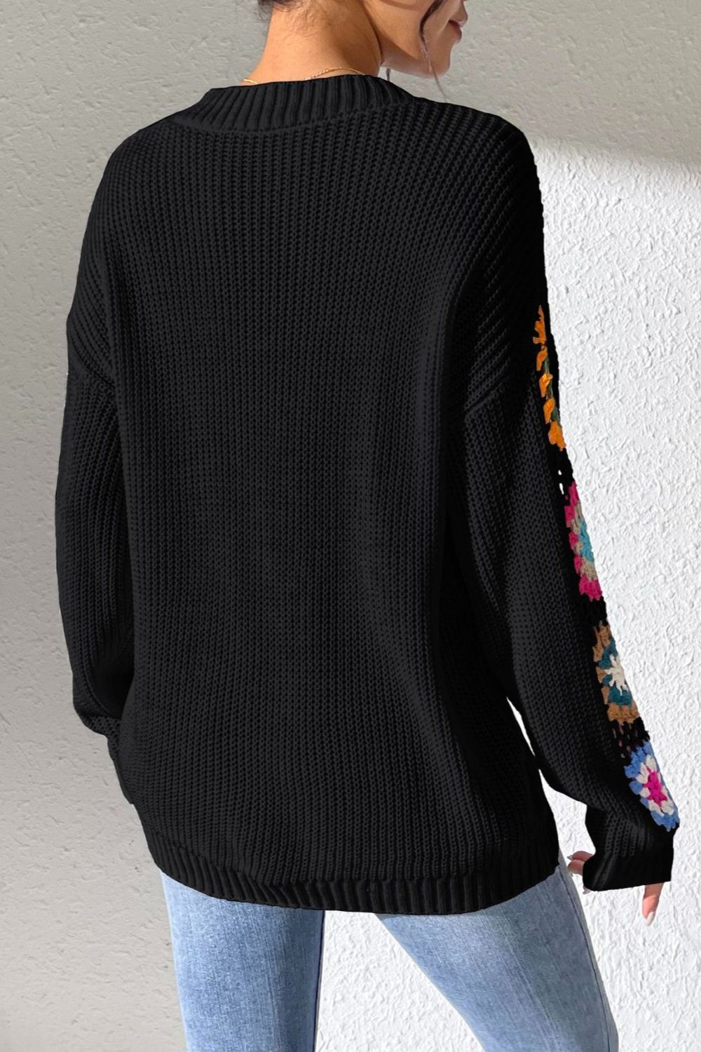 Crochet Flower V-Neck Sweater in Black 