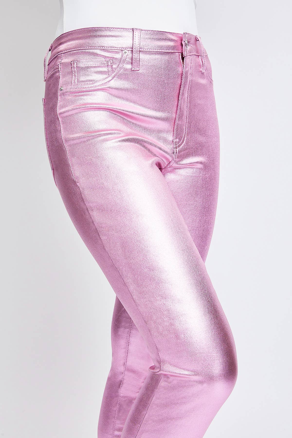 High Rise Metallic Skinny Jean in Rose Pink