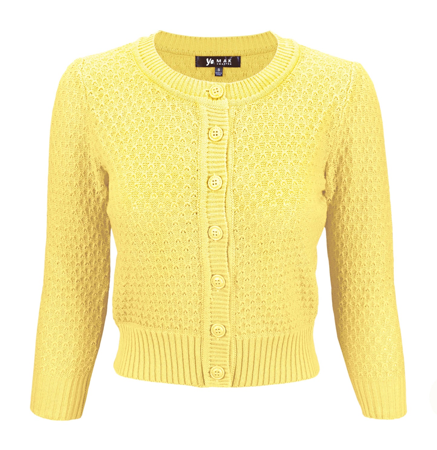 Mak - 3/4 Sleeve Crewneck Knit Cropped Cardigan Sweater MK3514: OATMEAL / M