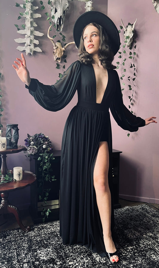Minerva - Hauntingly Dramatic Mesh Maxi Dress with Built In Shorts