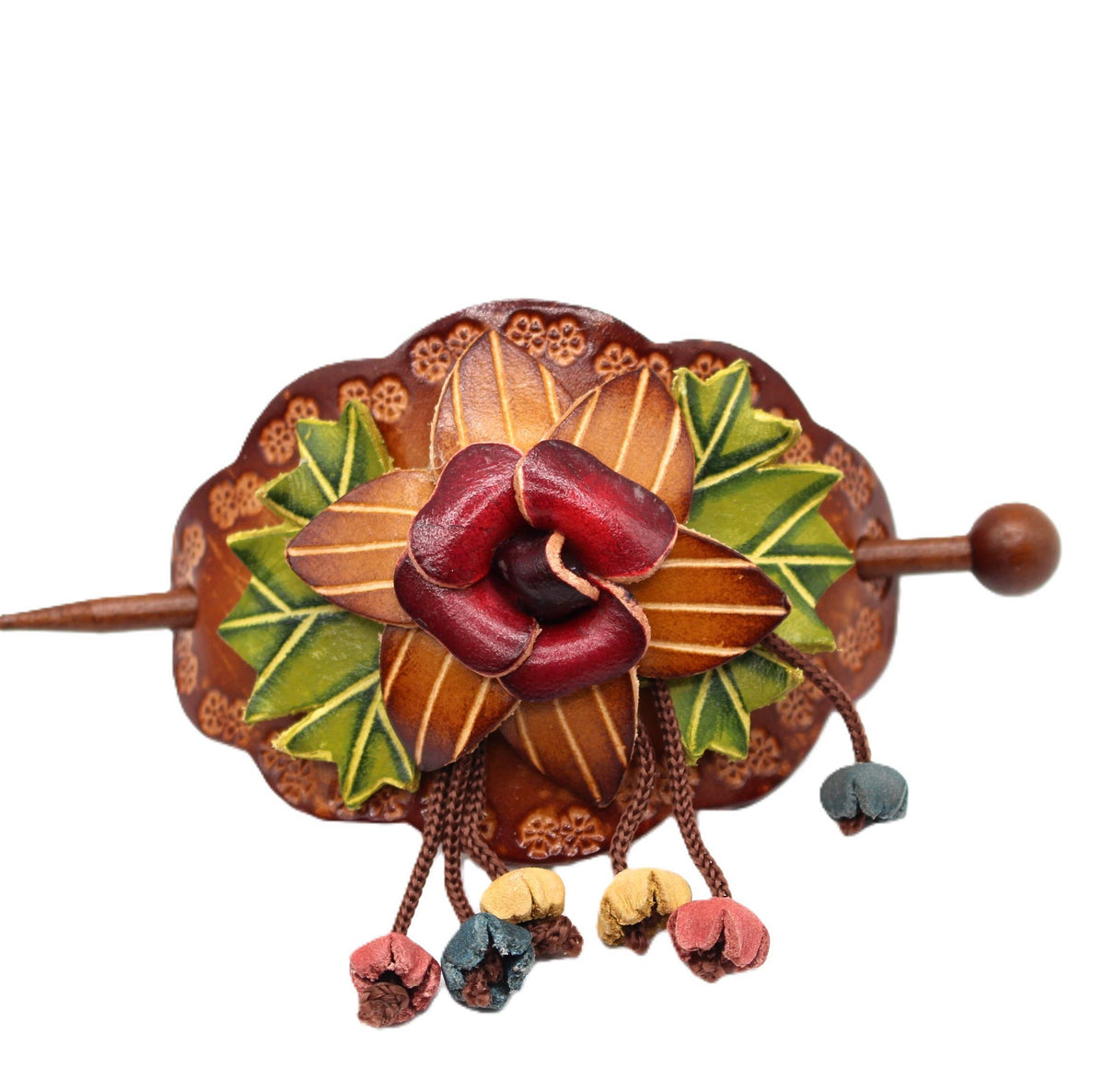 Sunflower Handmade leather inc - Handmade Leather Barrette floral 3D design - ba001: Woodstick