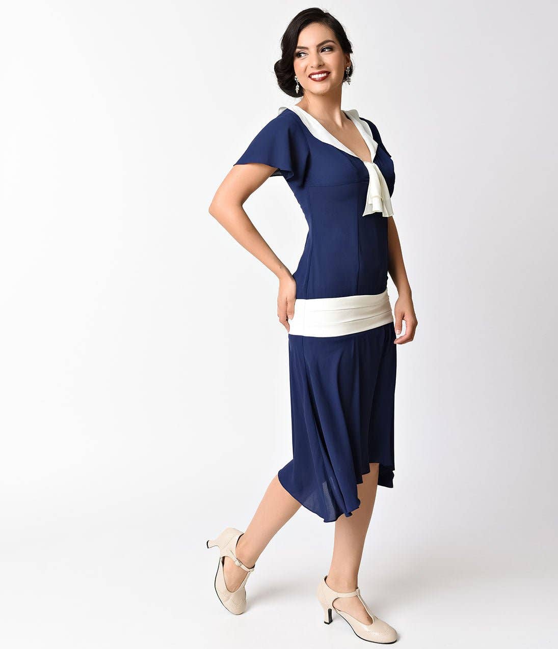 Unique Vintage - Unique Vintage 1920s Navy Blue & Ivory Wilshire Flapper Day Dress: M/8-10