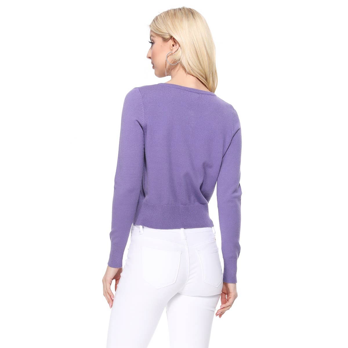 Mak - Long Sleeve Crewneck Cropped Cardigan Sweater MK5502: NAVY / L