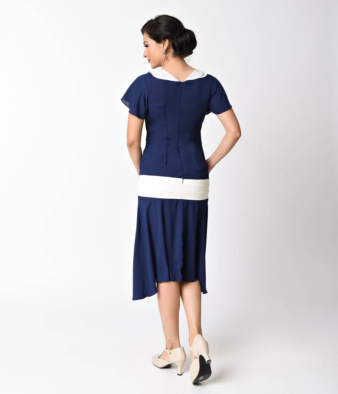 Unique Vintage - Unique Vintage 1920s Navy Blue & Ivory Wilshire Flapper Day Dress: M/8-10