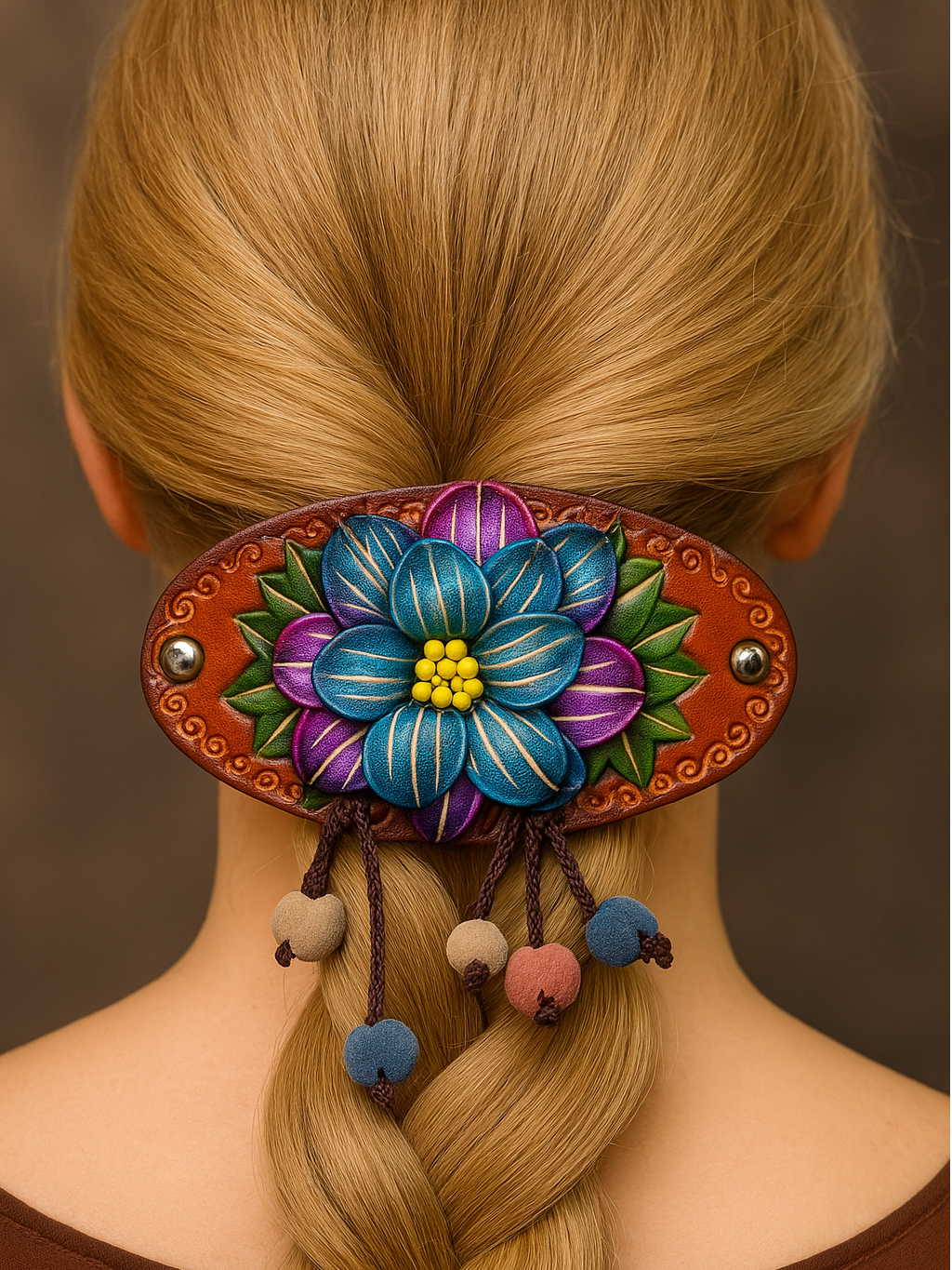 Sunflower Handmade leather inc - Handmade Leather Barrette for Women - G476: Wood stick
