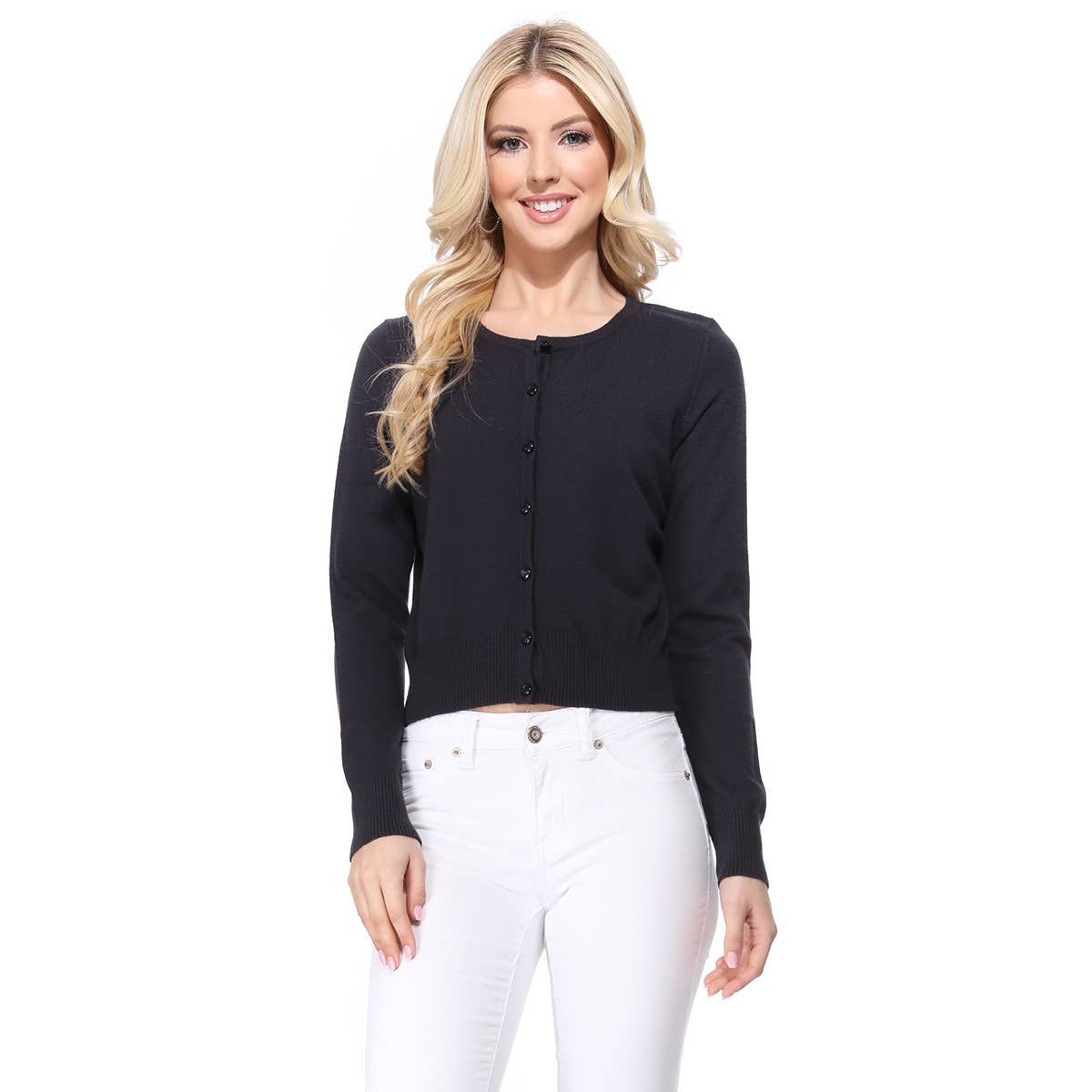 Mak - Long Sleeve Crewneck Cropped Cardigan Sweater MK5502: RED / S