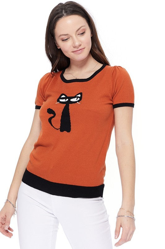 Cat Print Casual T-Shirt Sweater