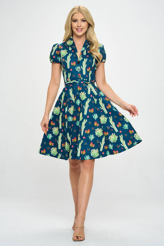 LA Soul - Retro Cactus Fit and Flare Dress: XL