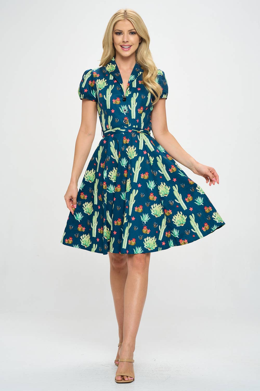 LA Soul - Retro Cactus Fit and Flare Dress: S