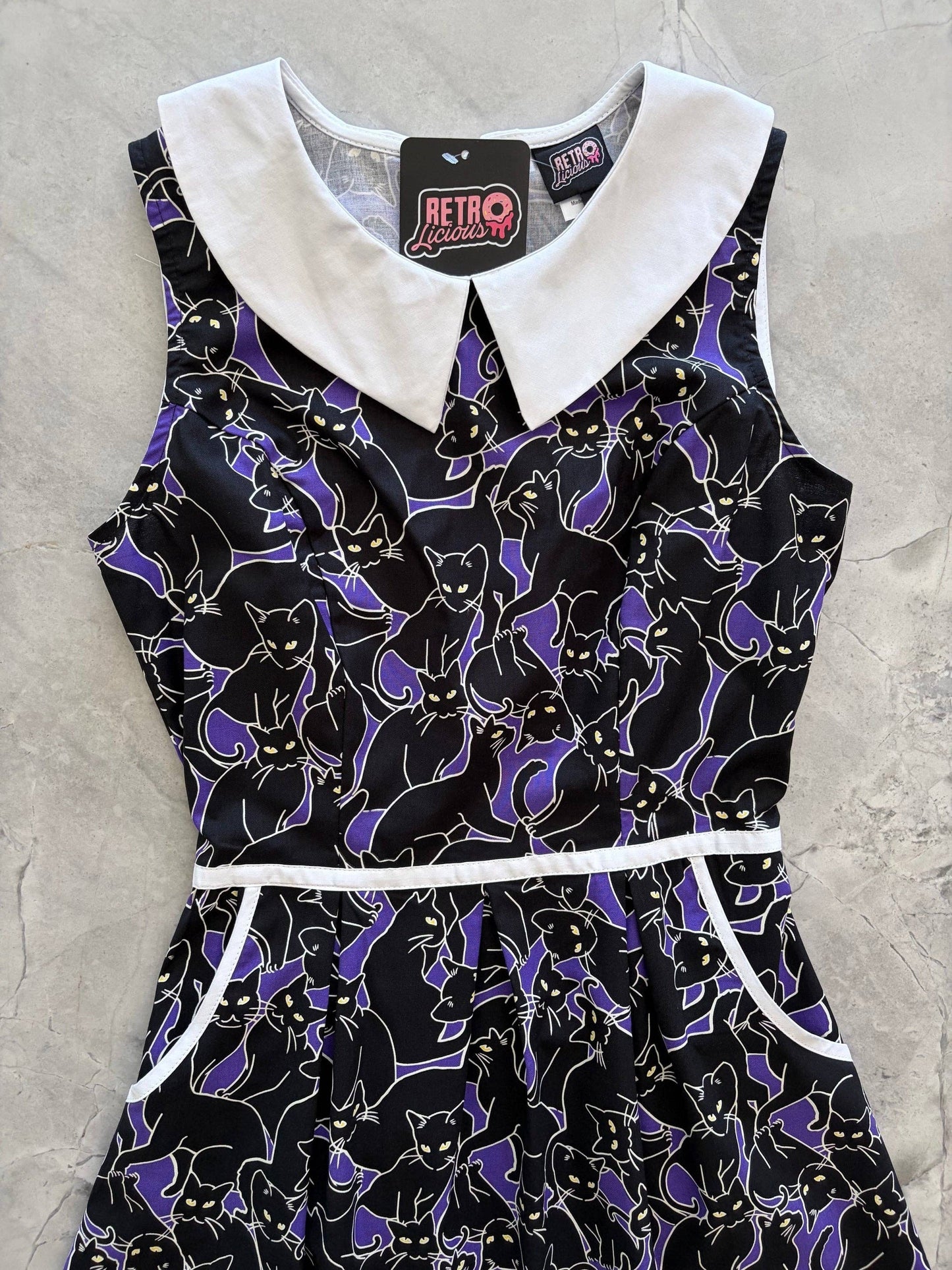 Retrolicious - Glow in the Dark Cats Collared Dress: XL