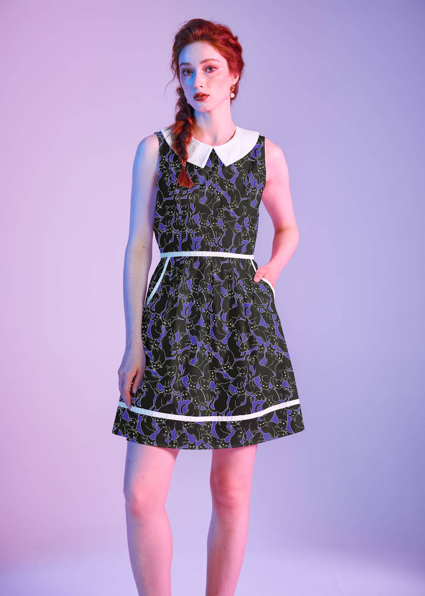 Retrolicious - Glow in the Dark Cats Collared Dress: XL