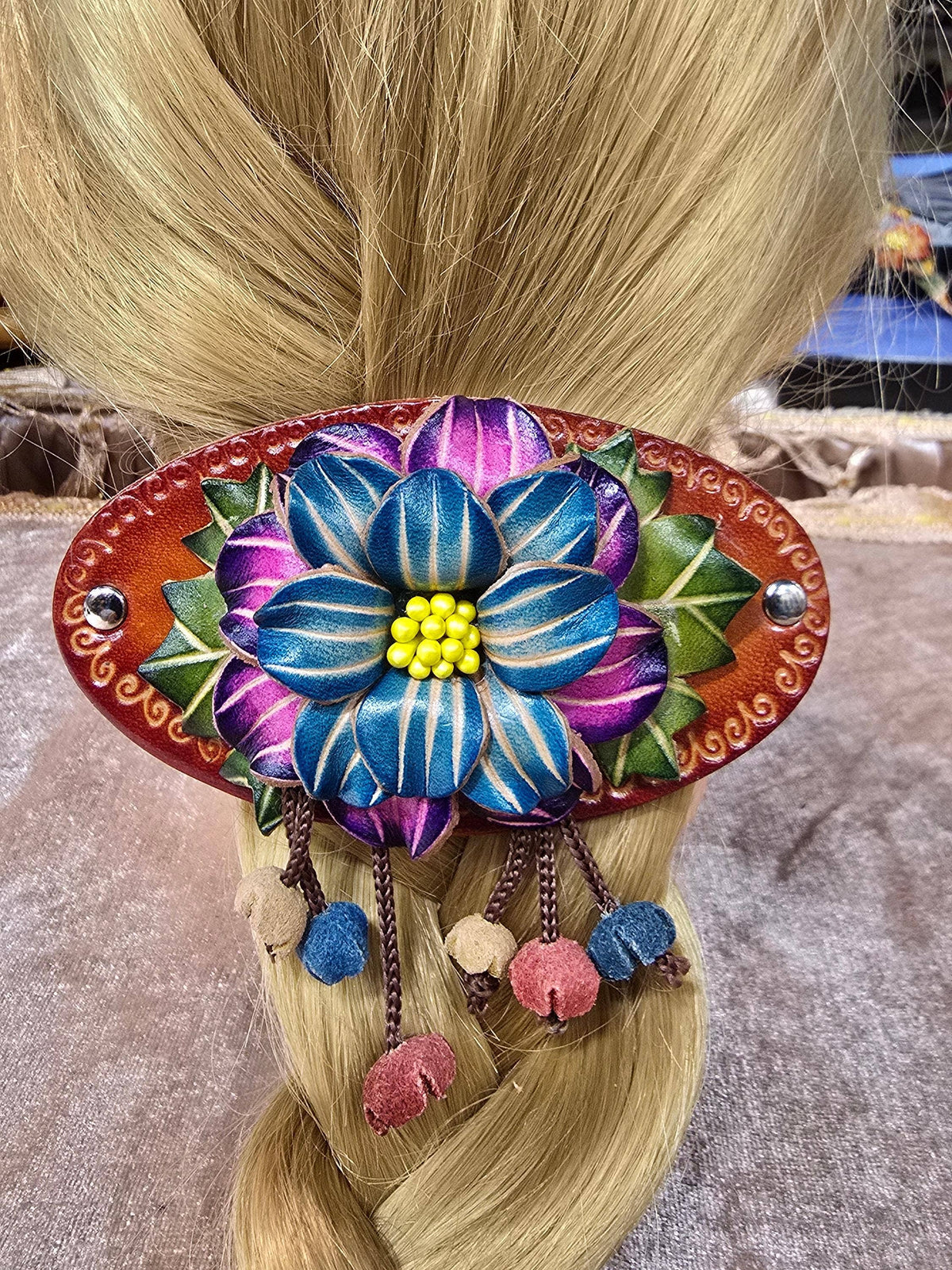 Sunflower Handmade leather inc - Handmade Leather Barrette for Women - G476: Wood stick