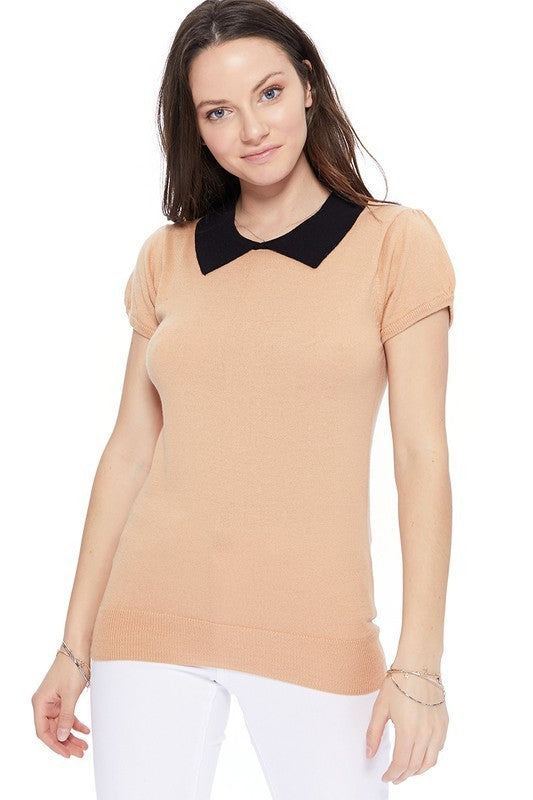 Cute Contrast Collar Pleated Cap Sleeve Knit Top by MAK