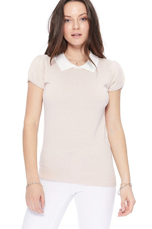 Cute Contrast Collar Pleated Cap Sleeve Knit Top by MAK