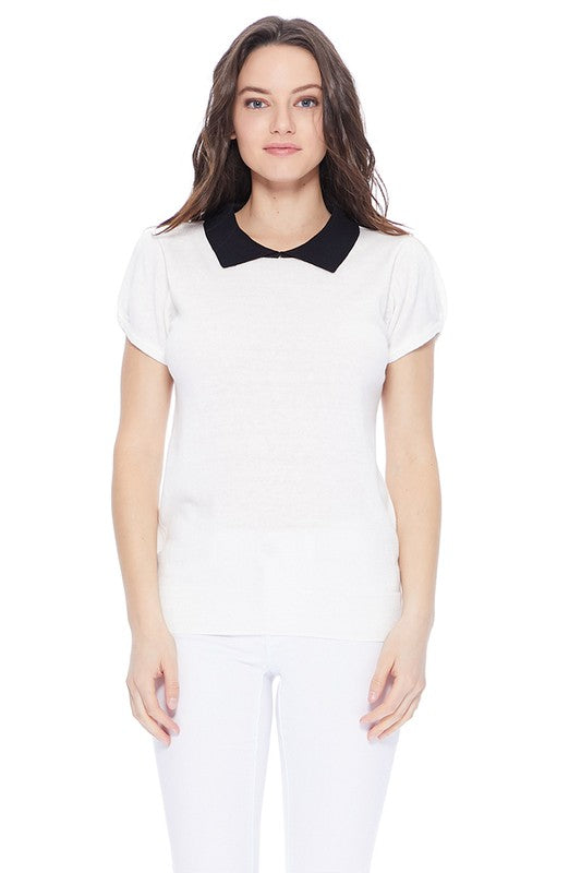 Cute Contrast Collar Pleated Cap Sleeve Knit Top by MAK