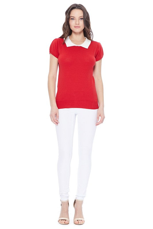 Cute Contrast Collar Pleated Cap Sleeve Knit Top by MAK