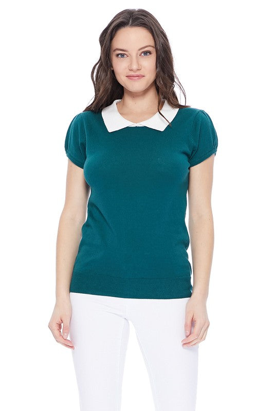 Cute Contrast Collar Pleated Cap Sleeve Knit Top by MAK