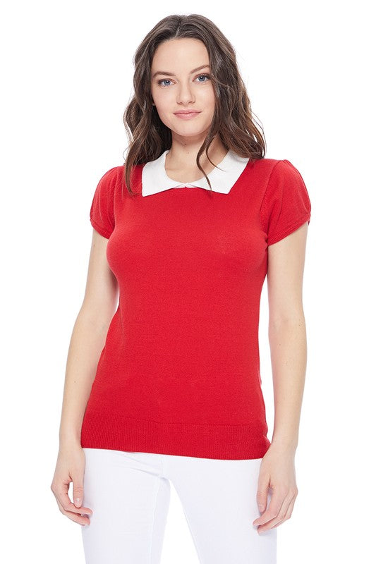 Cute Contrast Collar Pleated Cap Sleeve Knit Top by MAK