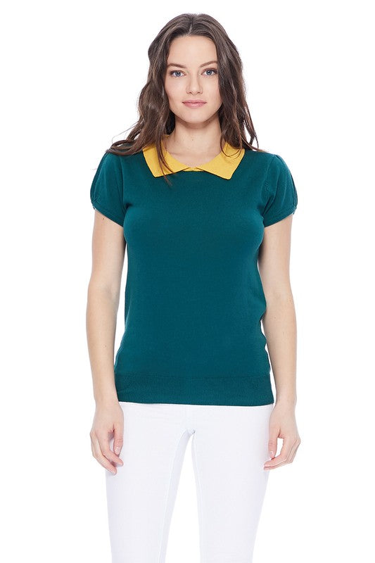 Cute Contrast Collar Pleated Cap Sleeve Knit Top by MAK