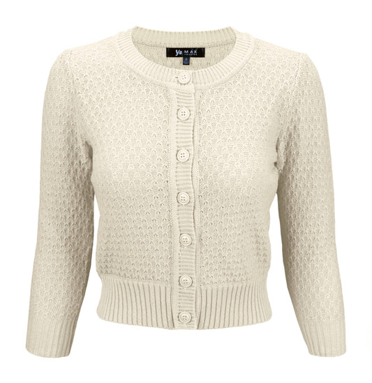 Mak - 3/4 Sleeve Crewneck Knit Cropped Cardigan Sweater MK3514: OATMEAL / M