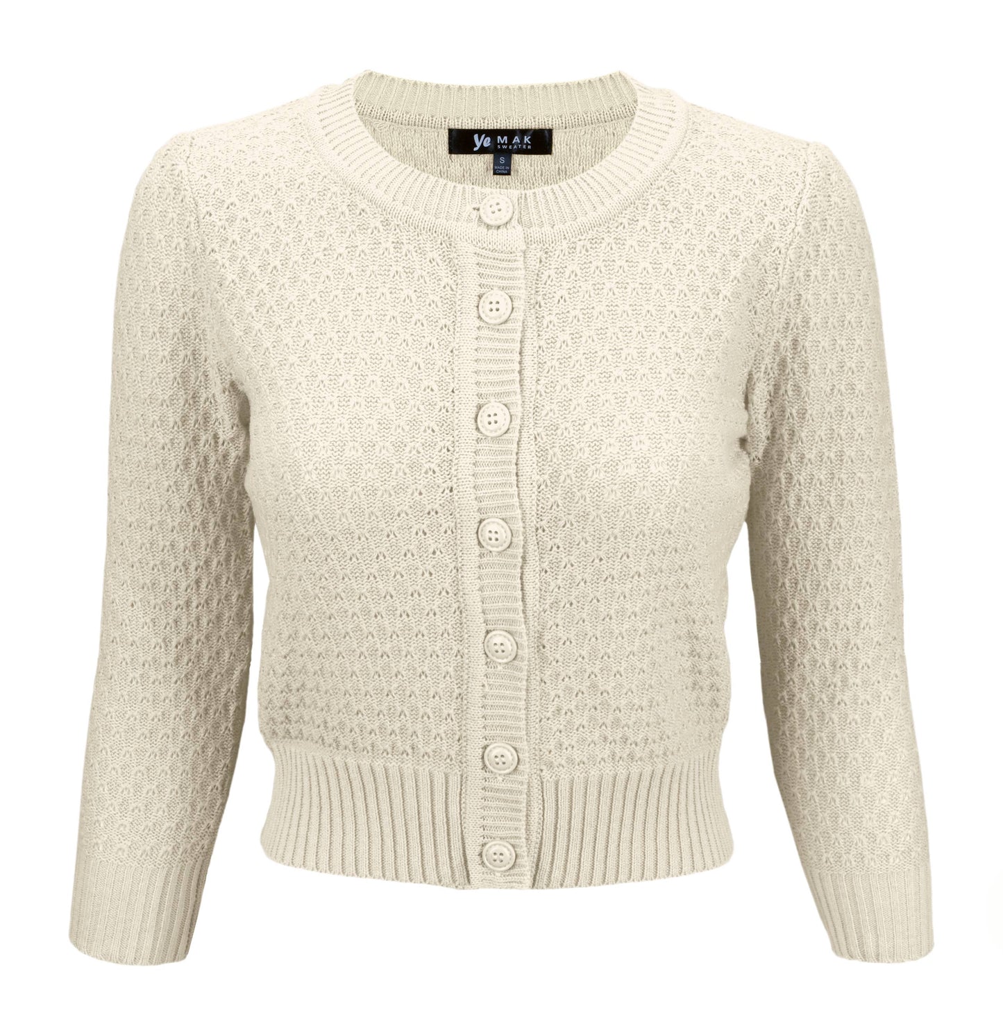 Mak - 3/4 Sleeve Crewneck Knit Cropped Cardigan Sweater MK3514: OATMEAL / XL
