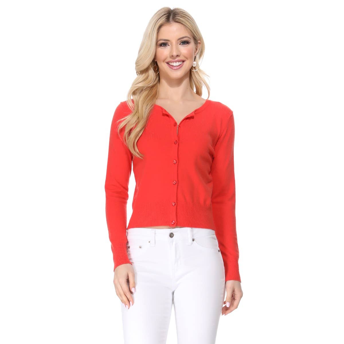Mak - Long Sleeve Crewneck Cropped Cardigan Sweater MK5502: LIGHT PINK / S