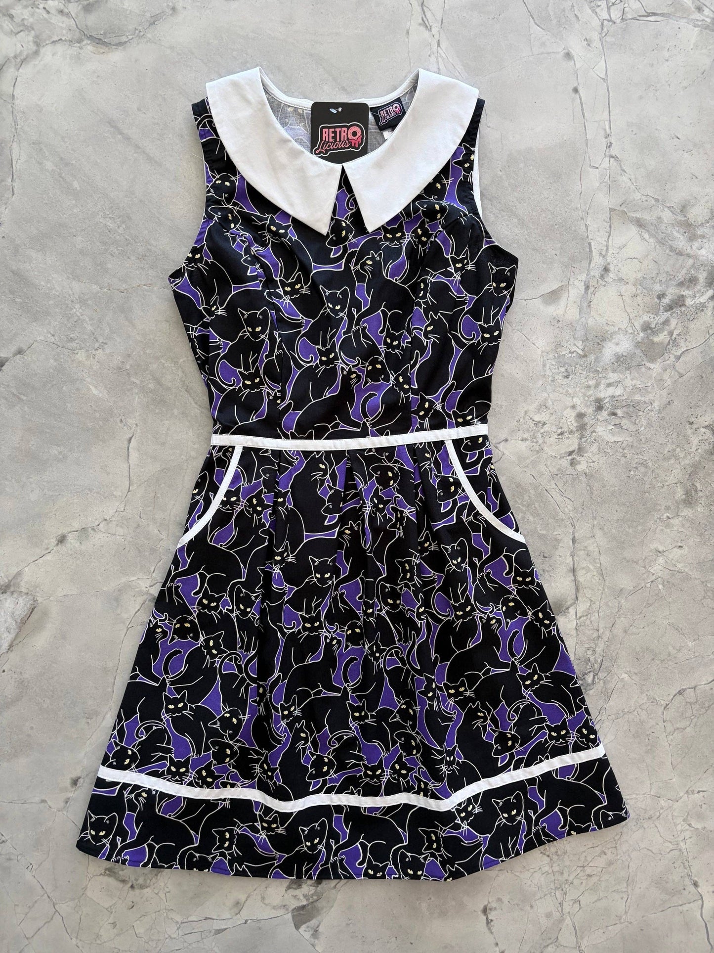 Retrolicious - Glow in the Dark Cats Collared Dress: M