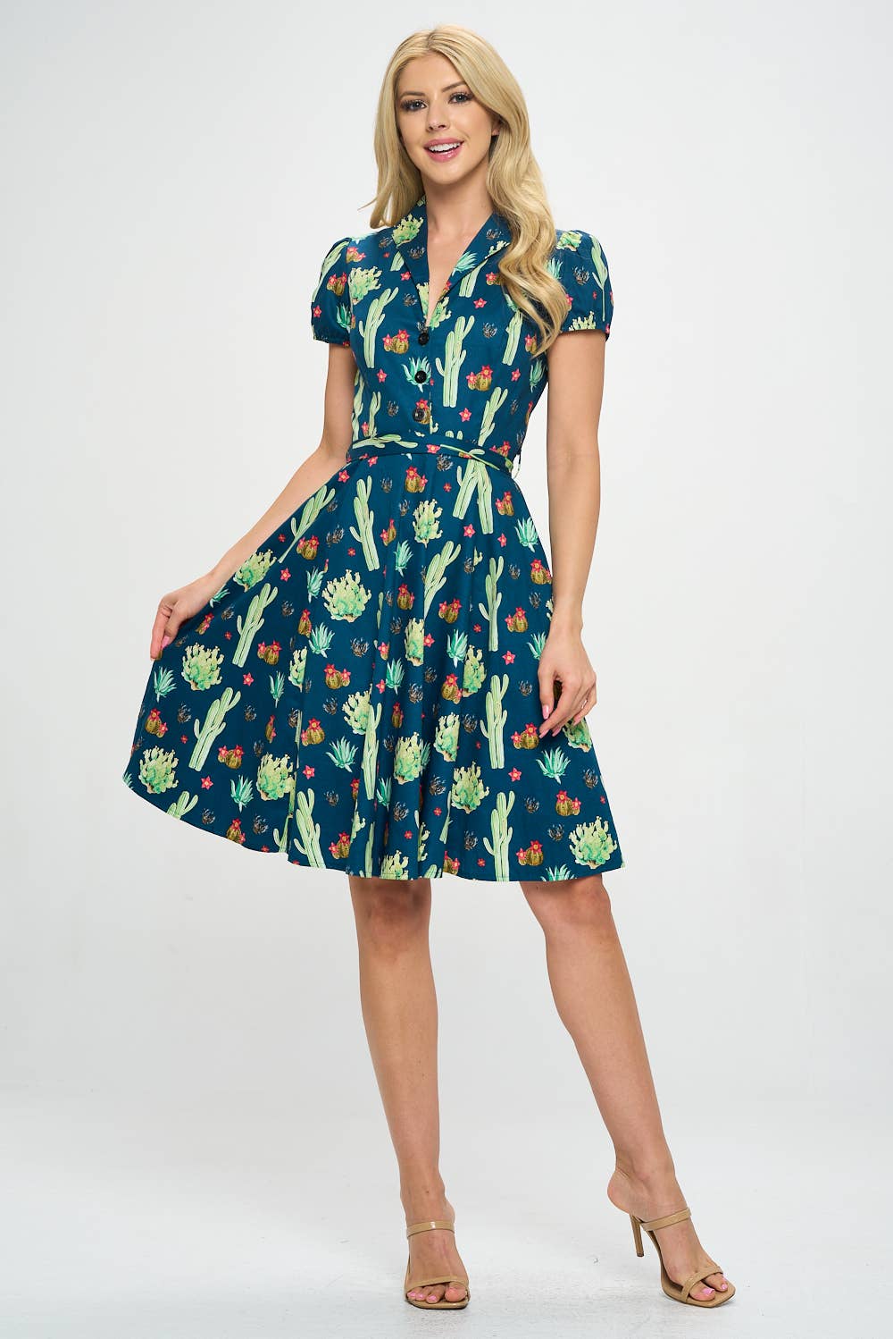 LA Soul - Retro Cactus Fit and Flare Dress: XL