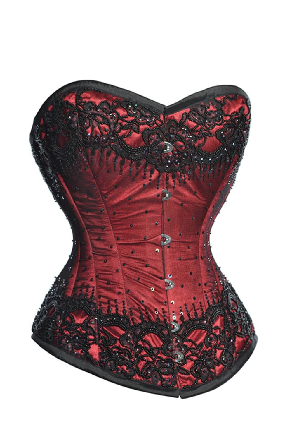 Burgundy Satin Beaded Couture Corset by Corset Story