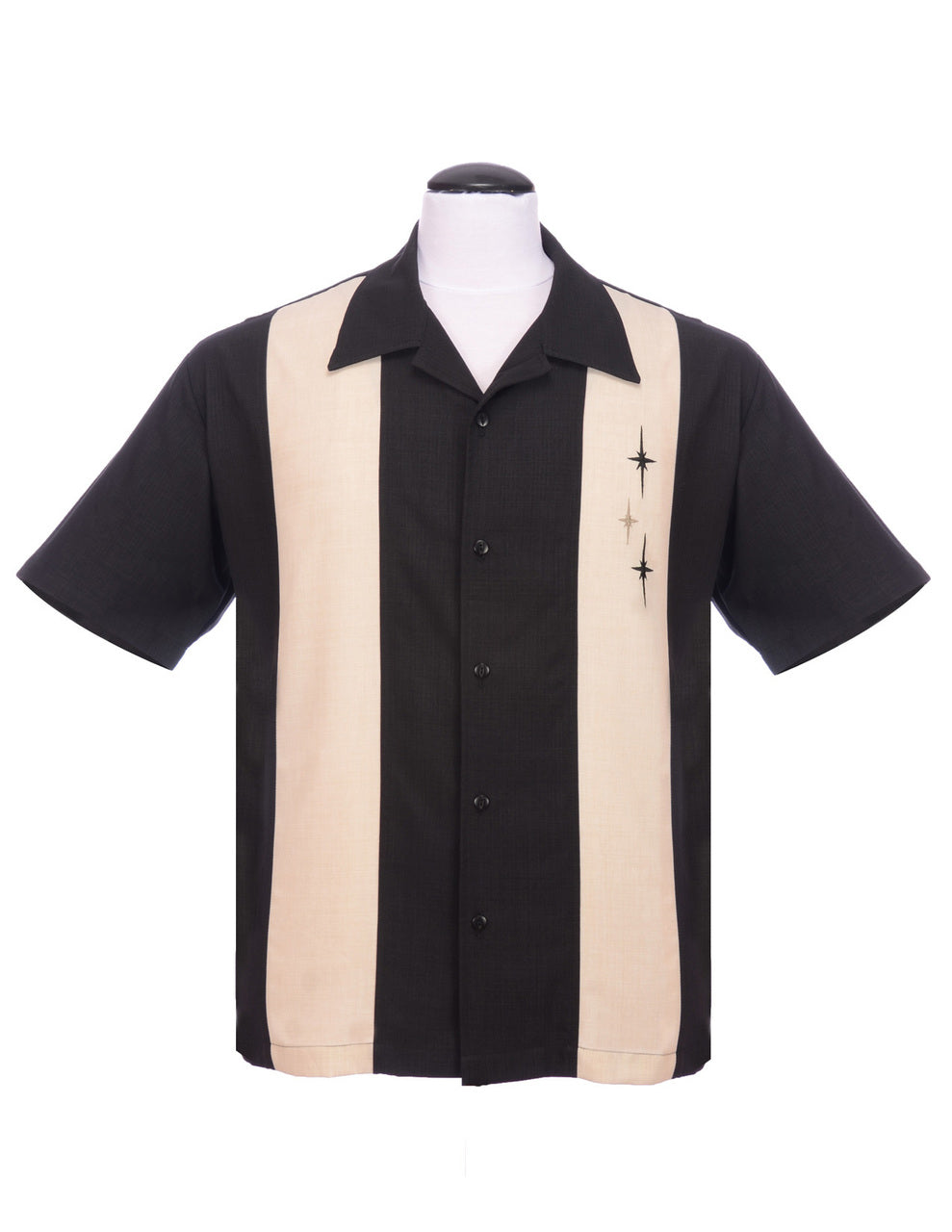 Three Star Panel Bowling Shirt in Black by Steady Clothing