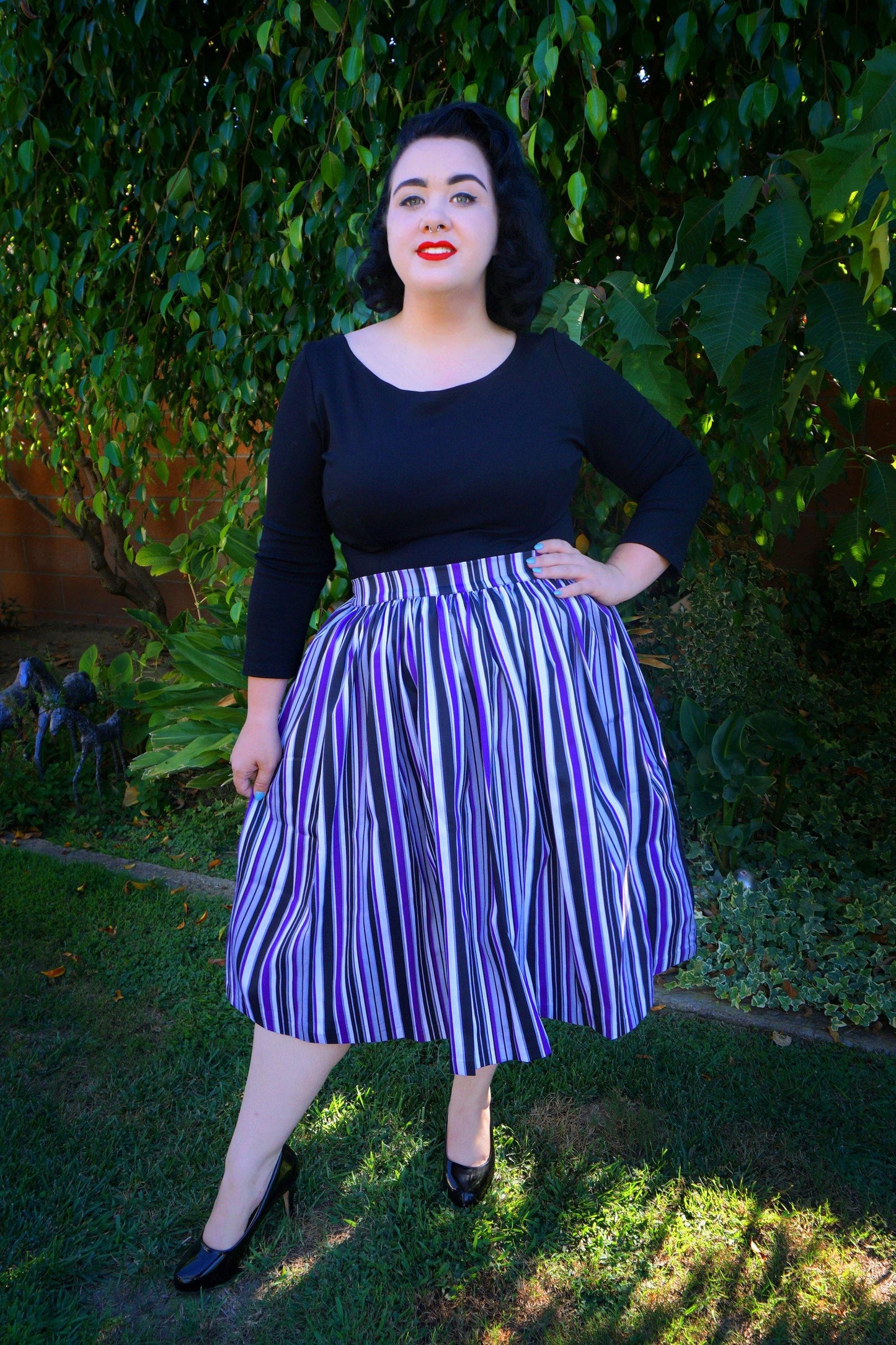Bella Vintage Gathered Swing Skirt in Solstice Stripe Cotton Sateen | Pinup Couture