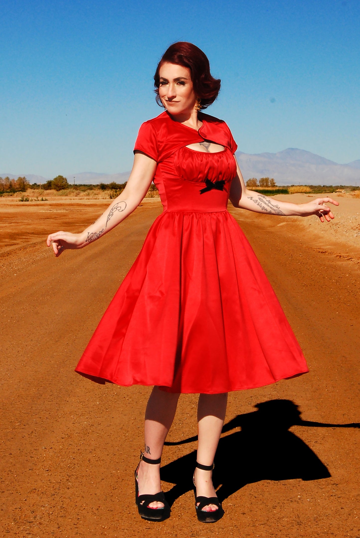Evelyn Vintage Cocktail Dress in Red Bridal Satin | Pinup Couture