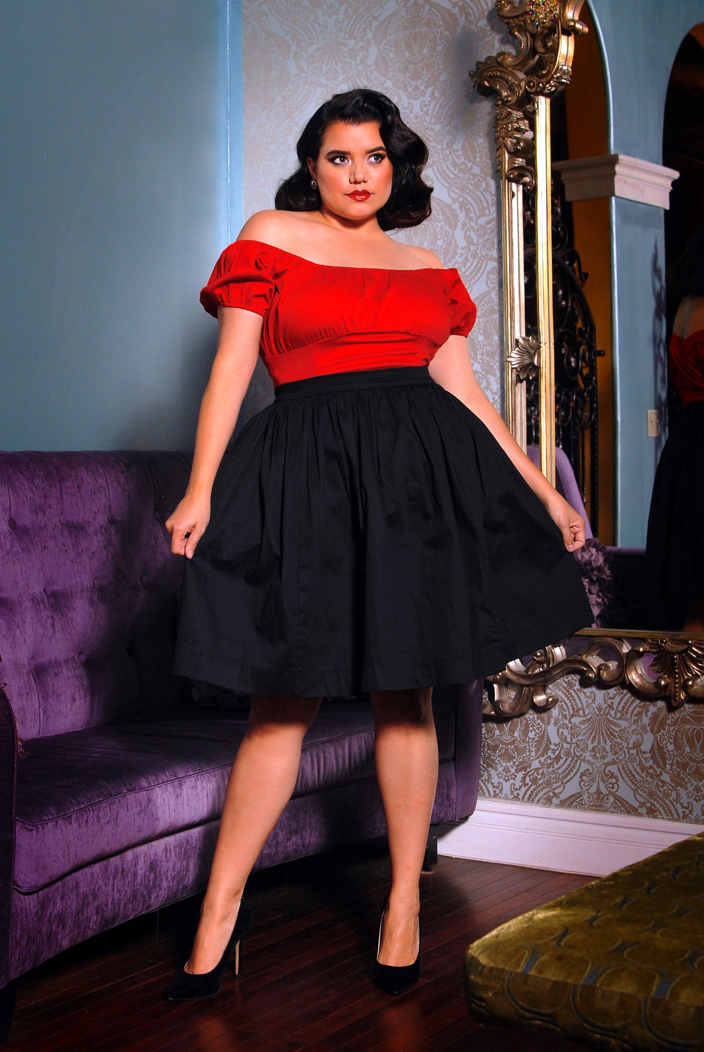 Petite Bella Vintage Gathered Swing Skirt in Solid Black Sateen | Pinup Couture