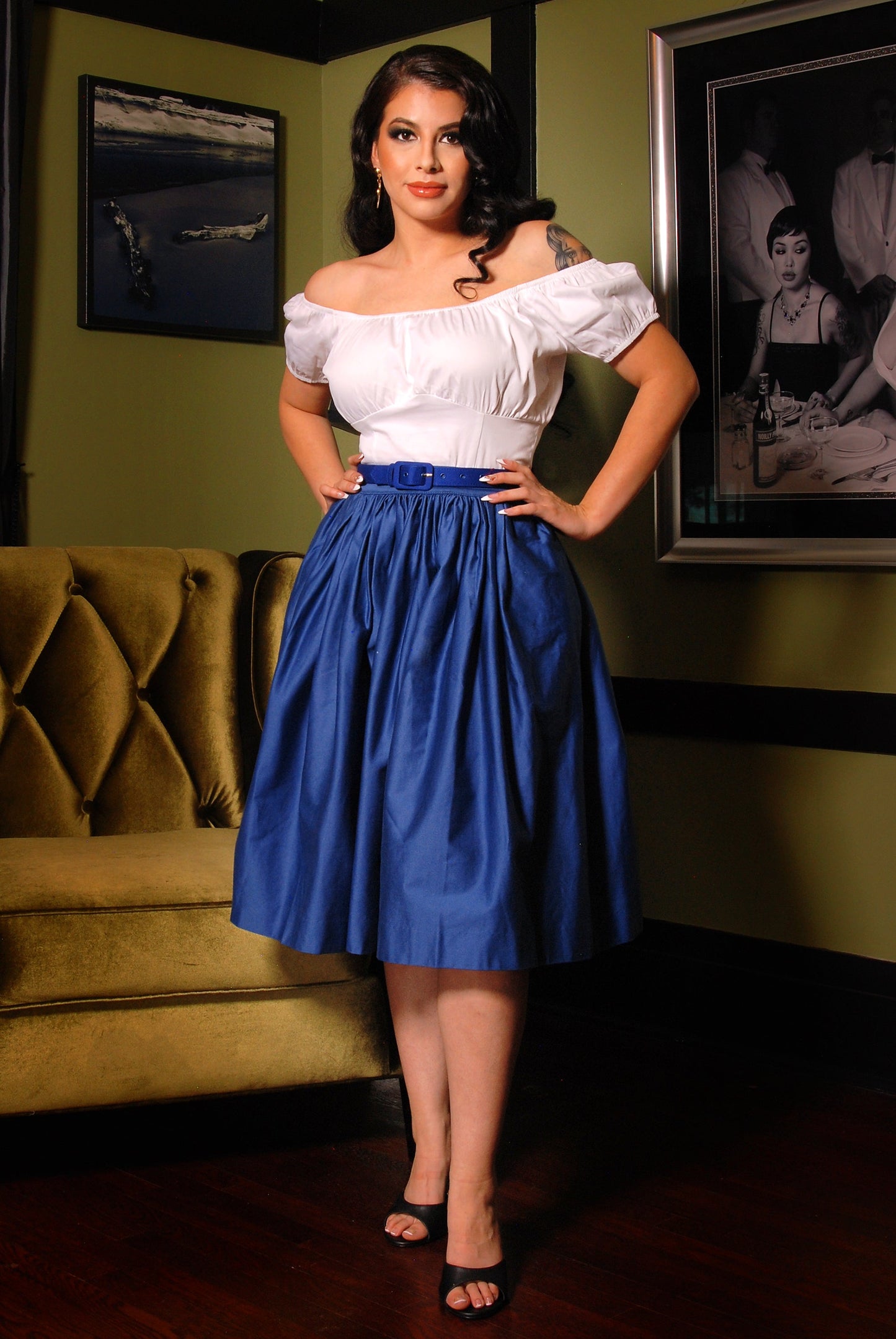 Bella Vintage Gathered Swing Skirt with Pockets in Solid Royal Blue Sateen | Pinup Couture