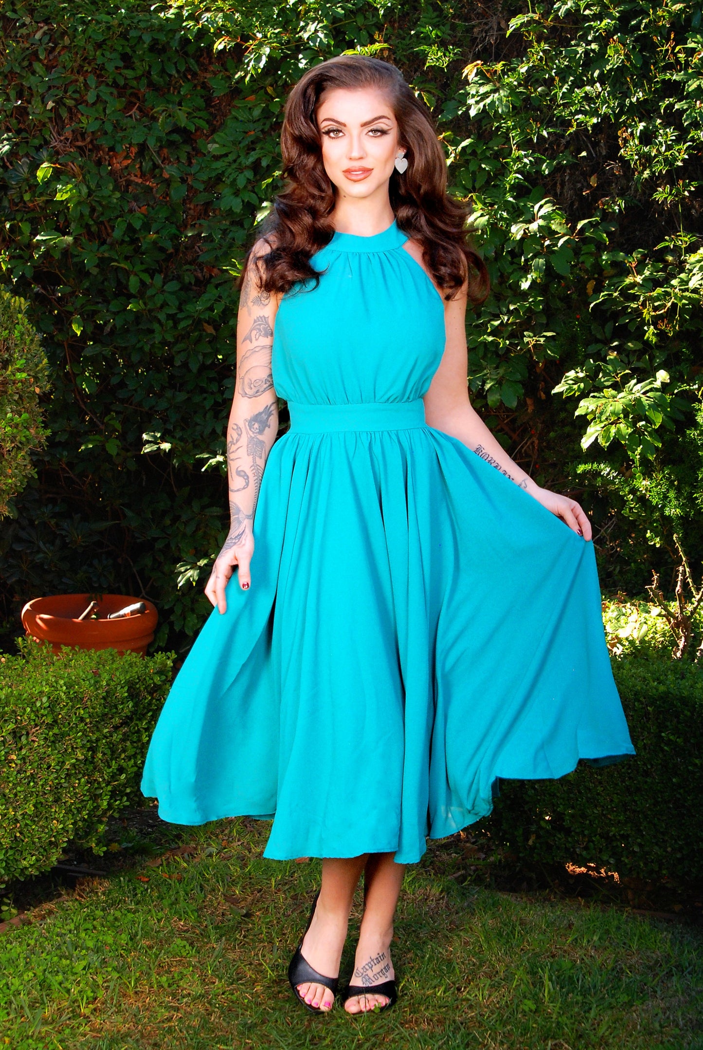 Maybelle Gathered Swing Dress in Solid Jade | Laura Byrnes