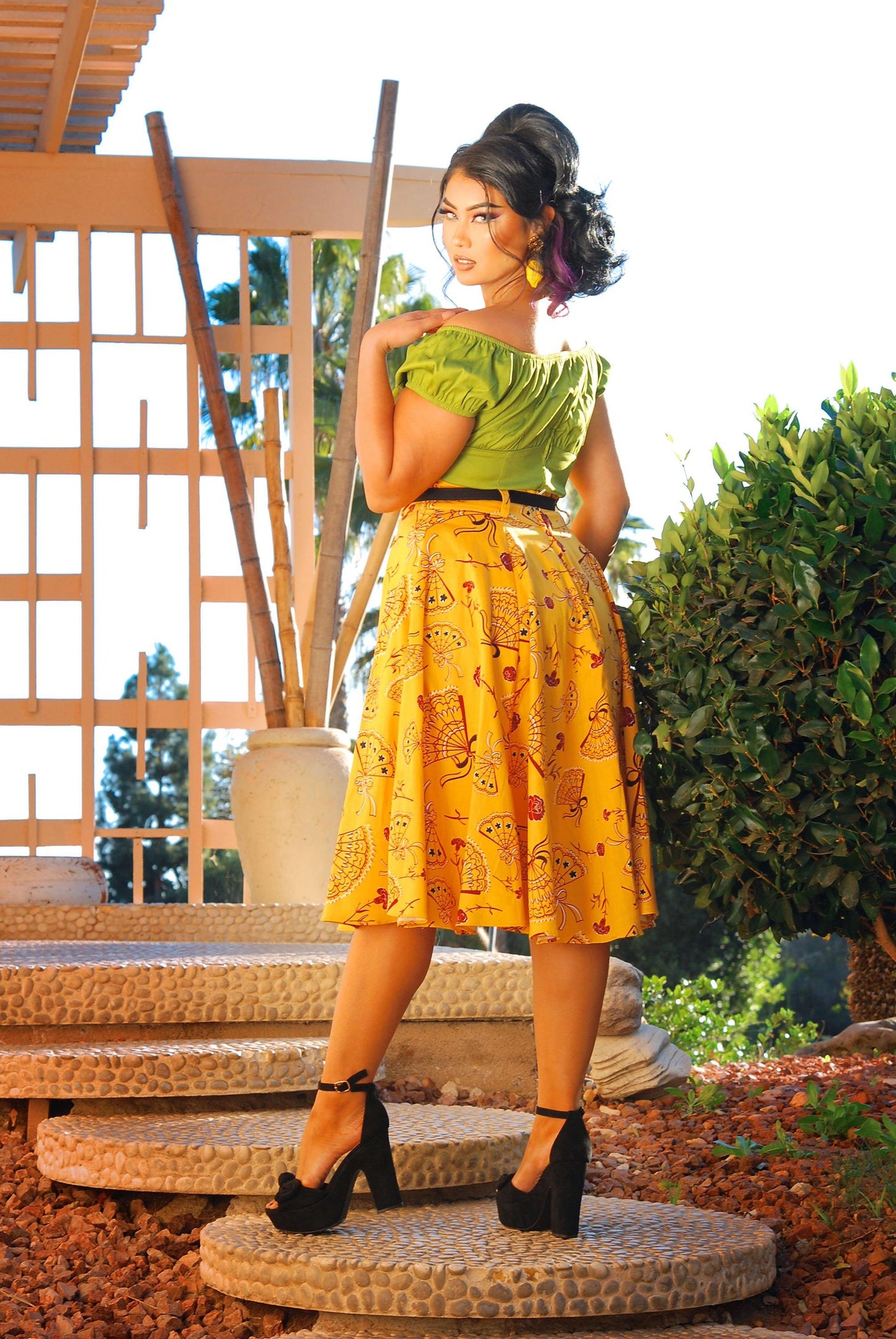 Doris Vintage Swing Skirt in Mustard Spanish Fans | Laura Byrnes & Hope Johnstun