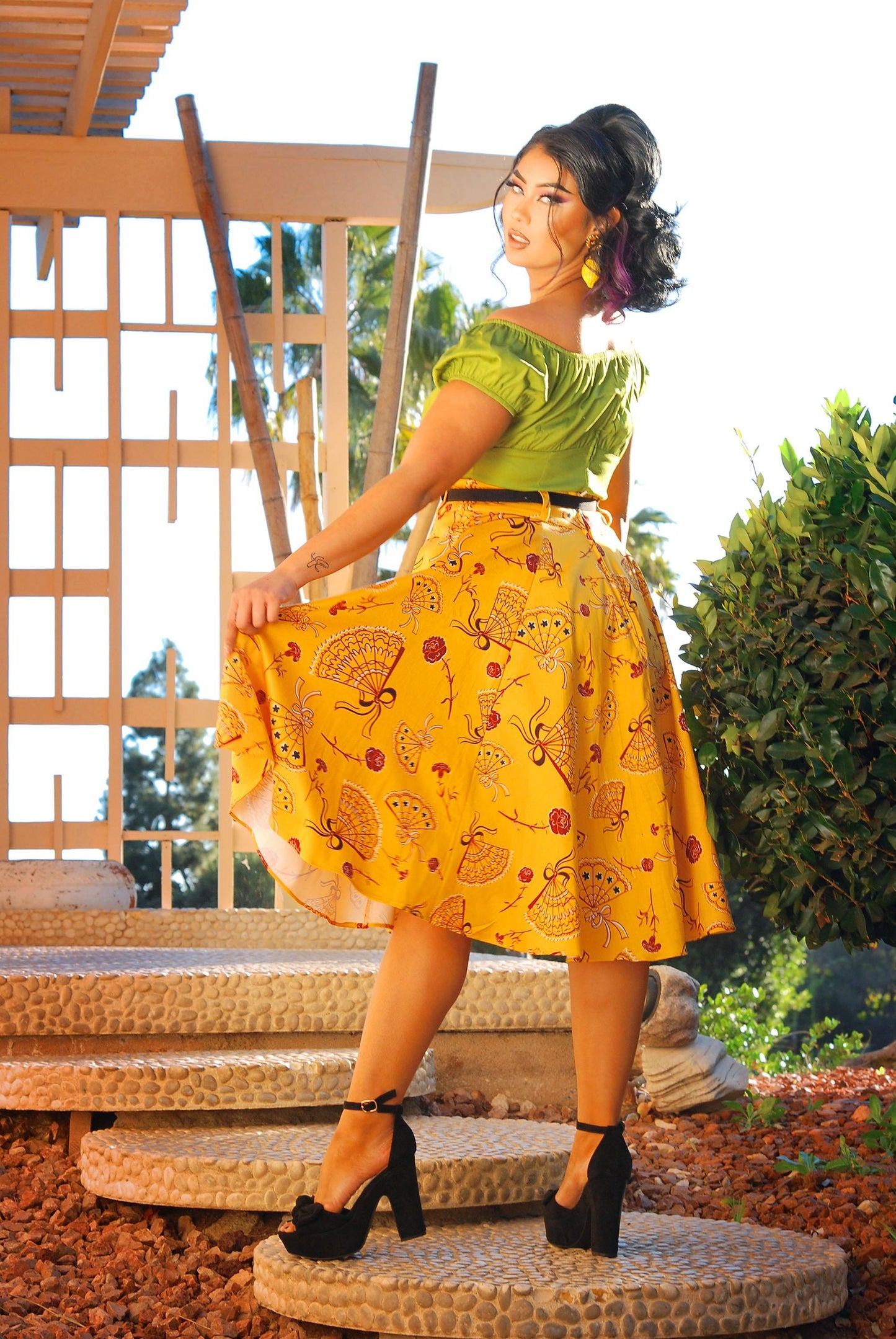 Doris Vintage Swing Skirt in Mustard Spanish Fans | Laura Byrnes & Hope Johnstun