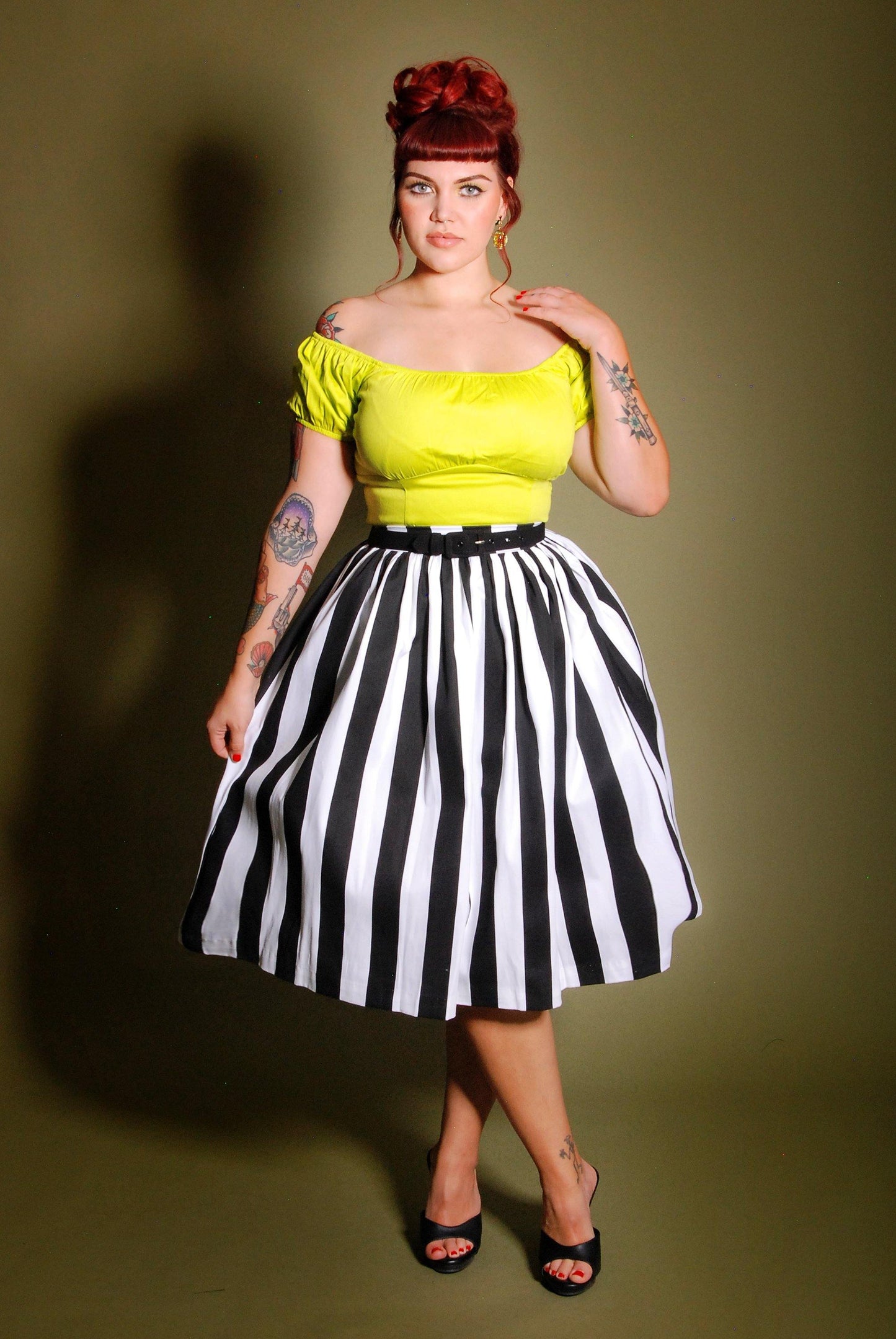 Bella Vintage Gathered Swing Skirt in Black and White Mark Stripe Cotton Sateen | Pinup Couture
