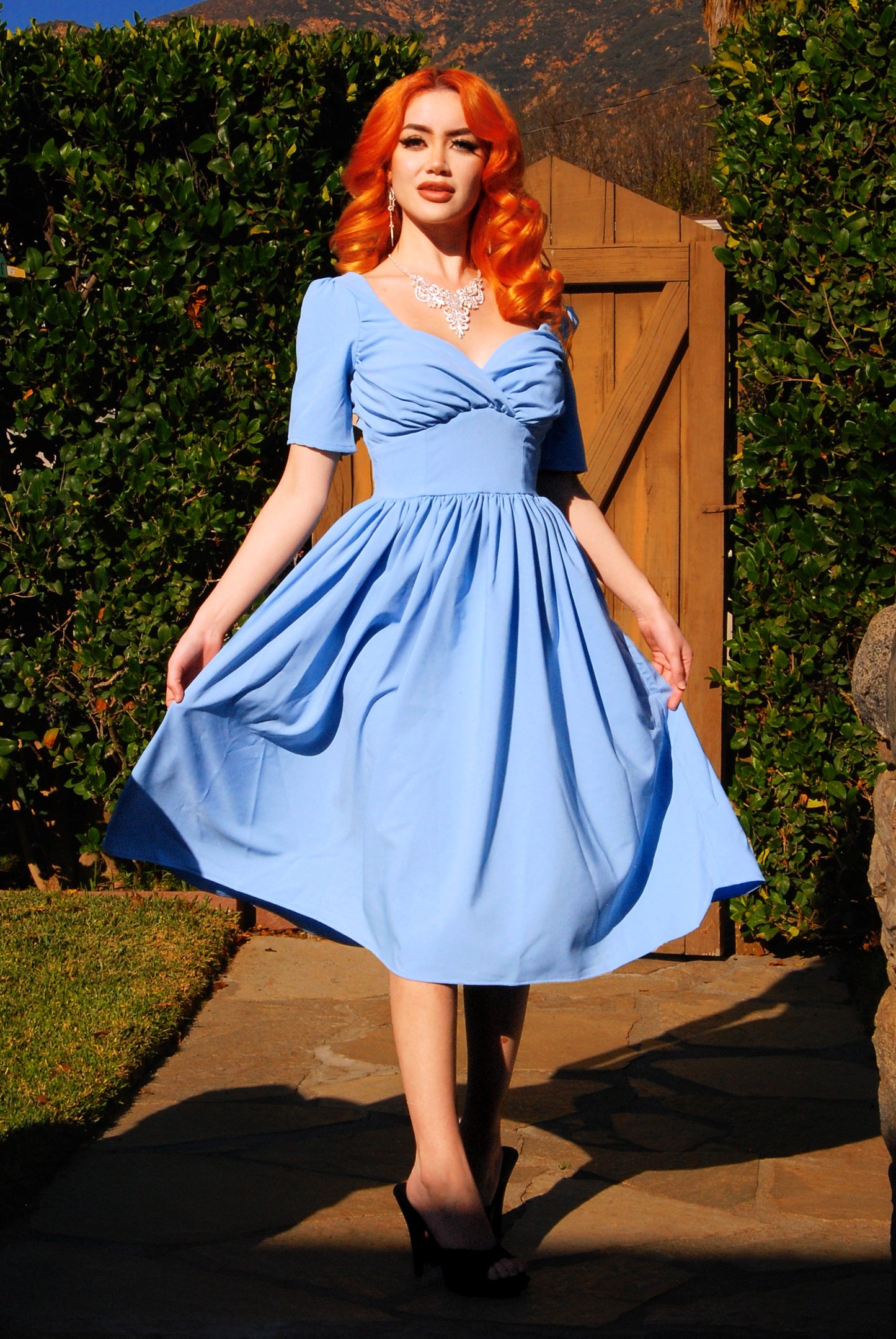 Paige Swing Dress in Chambray Poly Crepe | Pinup Couture