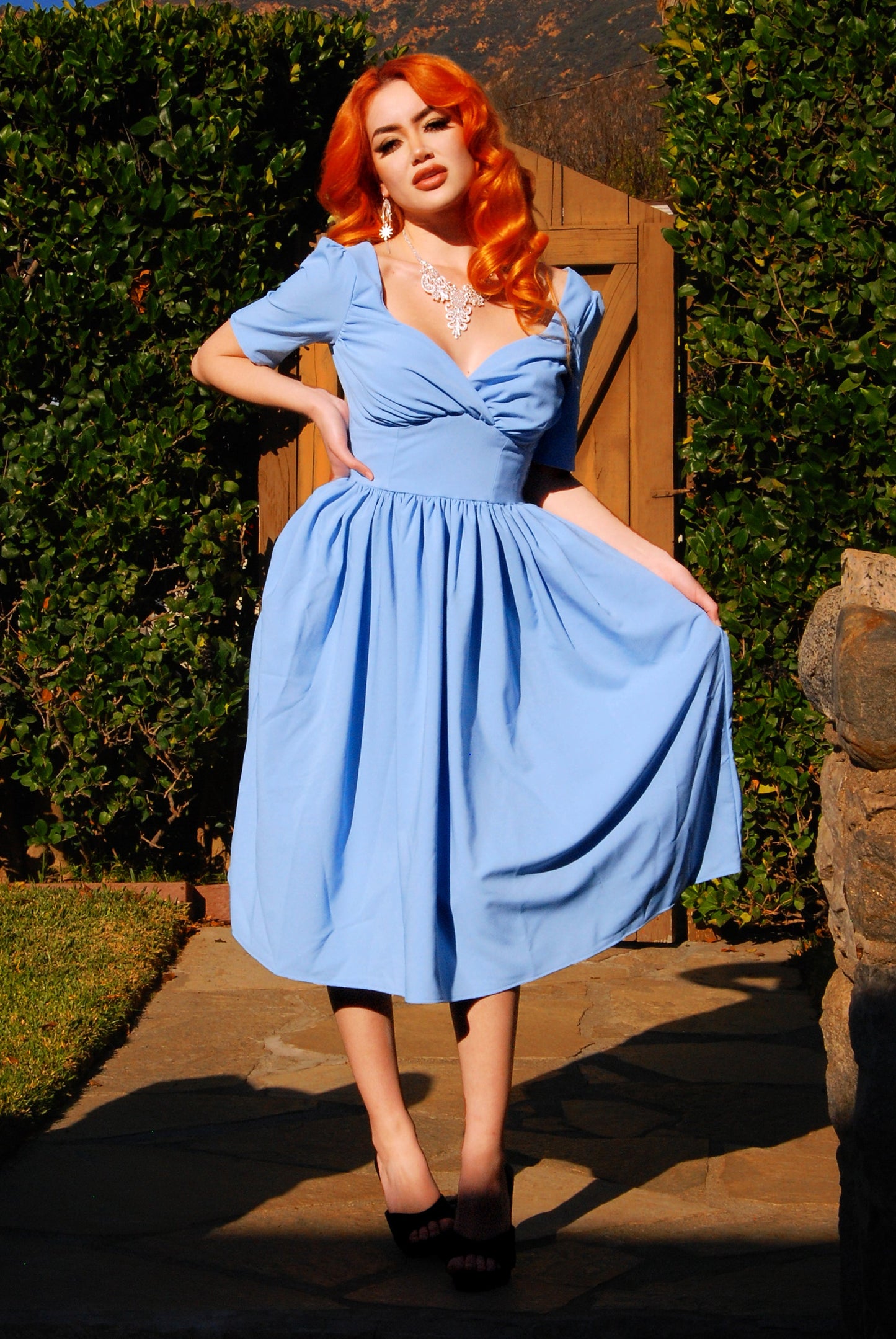 Paige Swing Dress in Chambray Poly Crepe | Pinup Couture