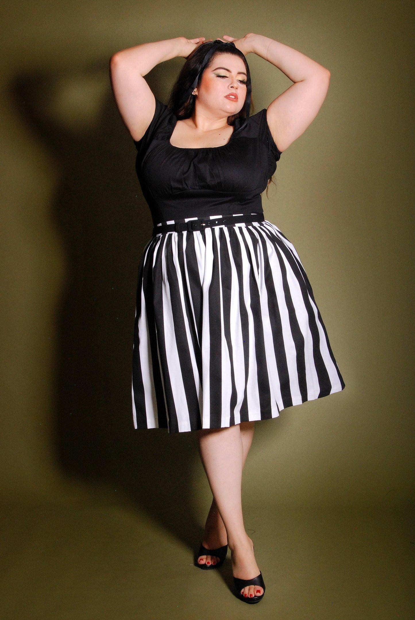 Bella Vintage Gathered Swing Skirt in Black and White Mark Stripe Cotton Sateen | Pinup Couture