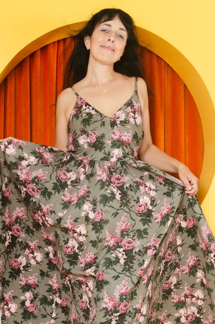 Amalie Daytime Maxi Gown in Green Caledonia Bella Roses Crepe | Pinup Couture