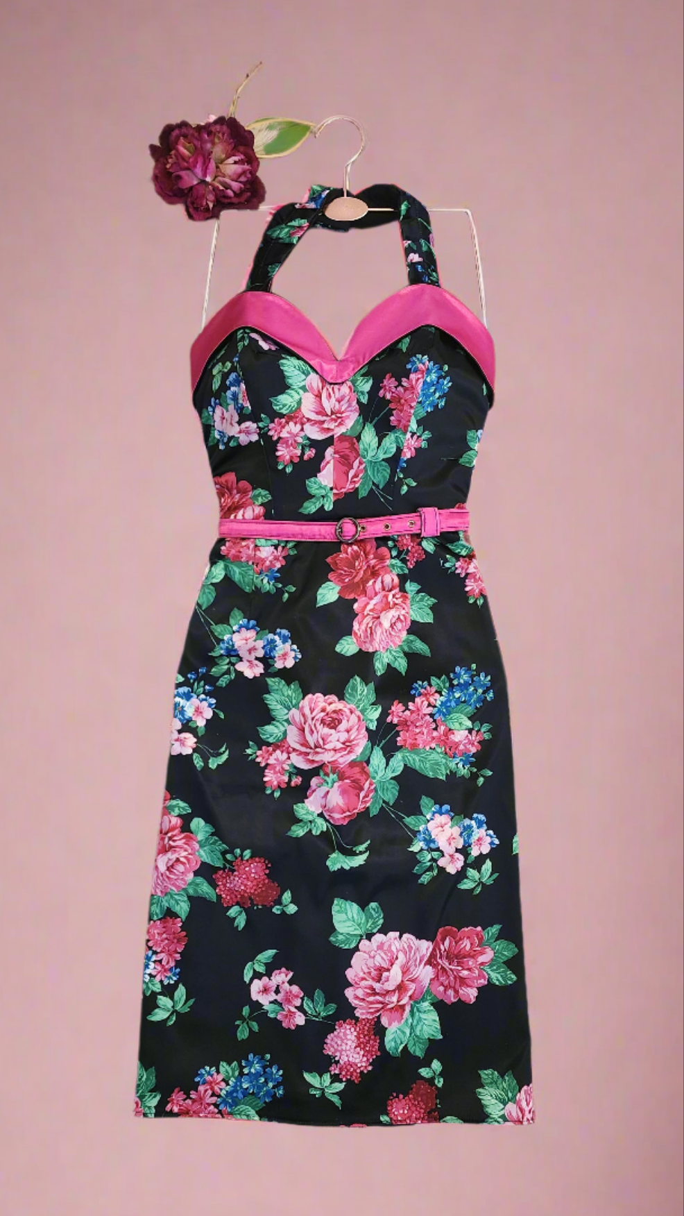 Pinup Retro Rockabilly Vintage Inspired Floral Print Stretch Satin Wiggle Dress by Hollyville 