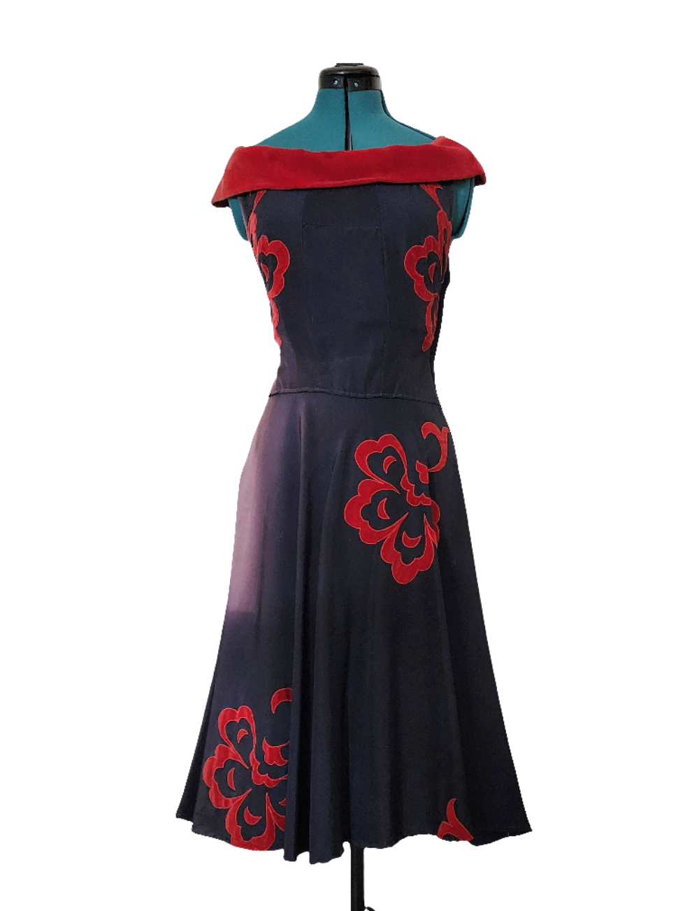 Vintage Navy Blue Red Velvet Dress