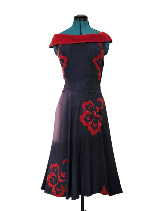 Vintage Navy Blue Red Velvet Dress