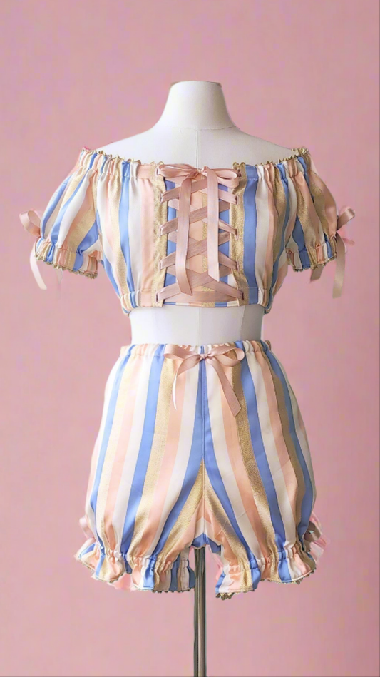 Carnival Circus Big Top Peasant Top and Bloomers Pastel Striped Matching Two Piece Set by Hollyville