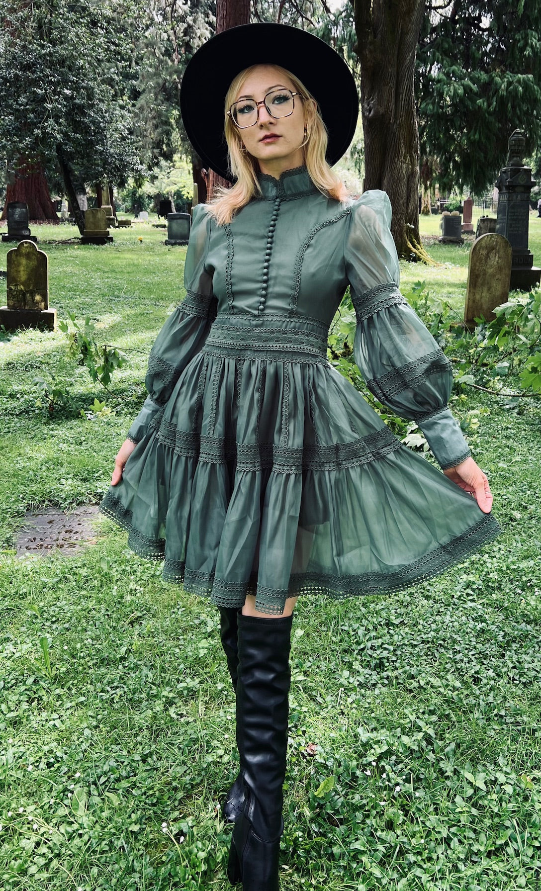 Morgana - Romantic Victorian Inspired Party Dress in Sage