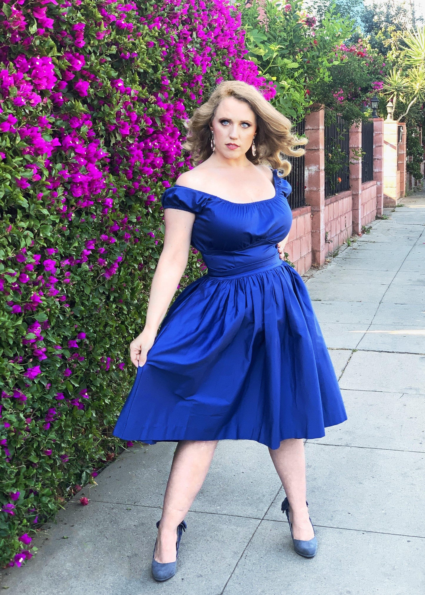 Bella Vintage Gathered Swing Skirt with Pockets in Solid Royal Blue Sateen | Pinup Couture