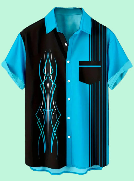 Blue and black shirt with a pinstripe design panel on a mint background